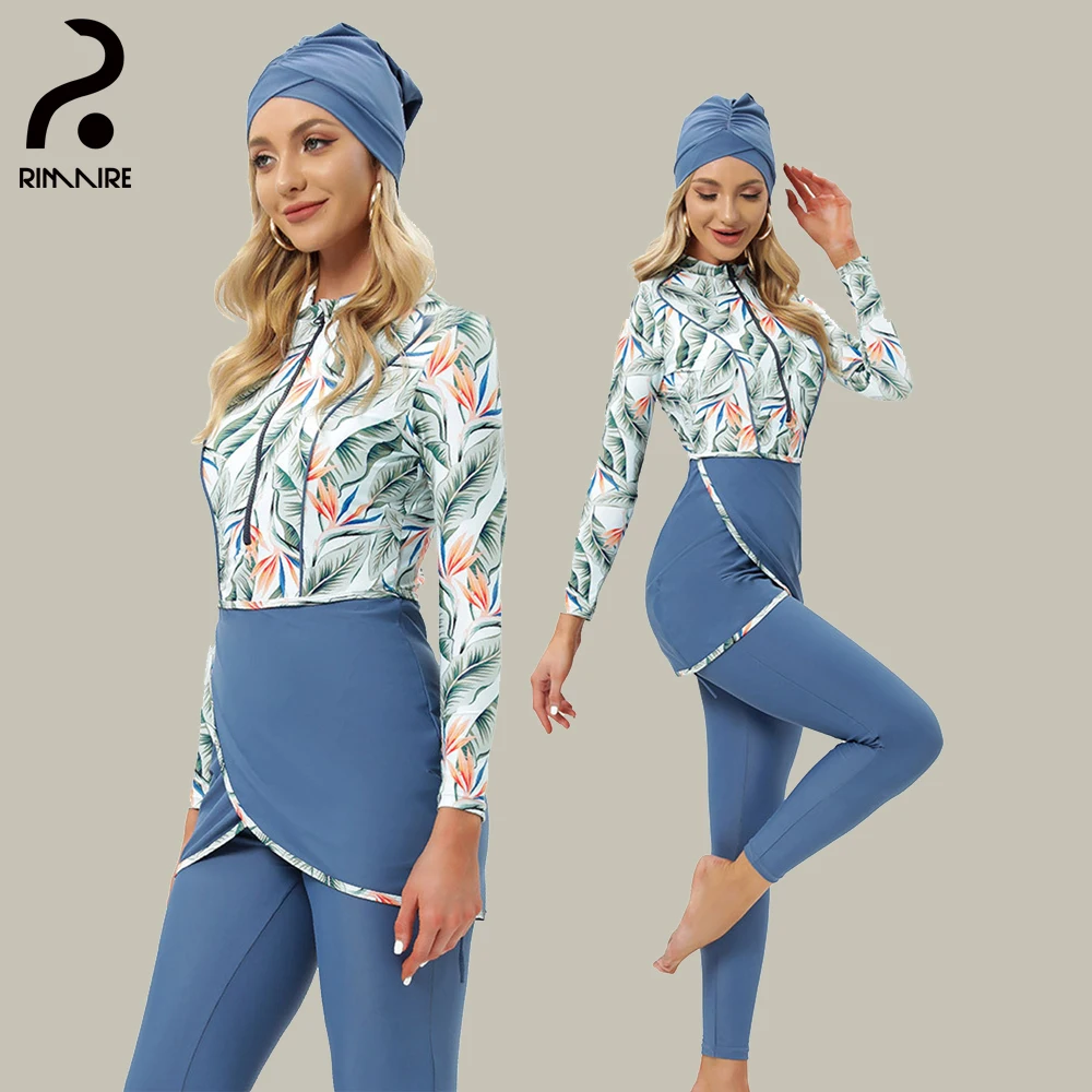 Fashion Print Muslim Hat Burkini Sets Classic Blue Islamic Long Sleeve Ladies Swimwear with Hat Suits Ladies Soft Burkini Femmes