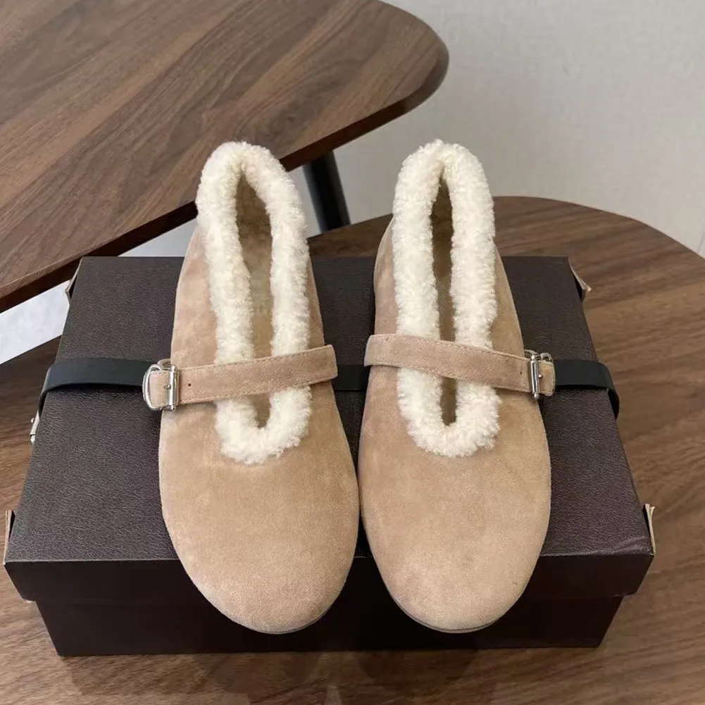 Genuine leather lamb wool warm cotton shoes for women, 2026 winter Mary Jane shoes, hairy single shoes, flat bottom
