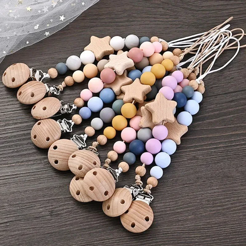 New Baby Pacifier Chain Clips Wood Pentagram Teether Silicone Round Beads Teething Chain For Care Soother Chew Toys Shower Gift