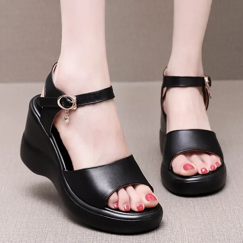 8cm Quality Small Size 32-43 Genuine Leather Shoes Platform Sandals Summer 2024 Womens High Heels Sandals Wedges for Office Mom