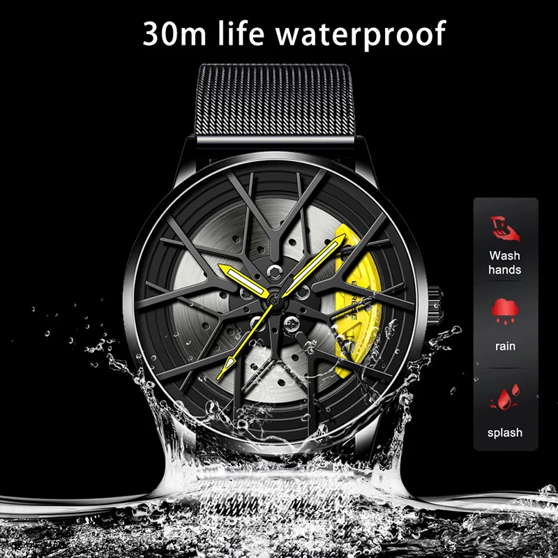 BORUSE Fashion Mens Car Wheel Watches Luxury Stainless Steel Mesh Watch Men Quartz Wristwatch Male Clock montre homme