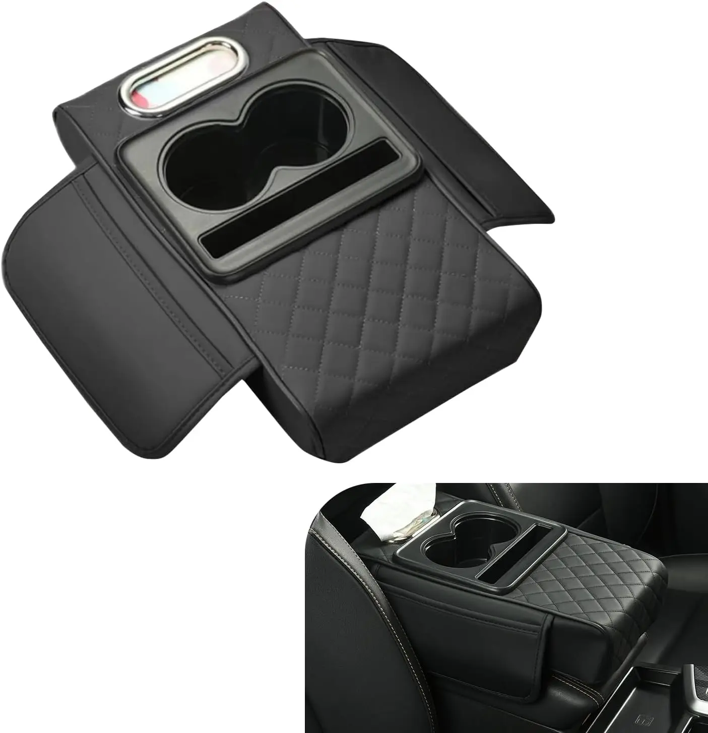 

Universal Car Armrest Box Height Booster Cushion Center Console Cover Pad with 2 Cup Holders and Tissue Holder