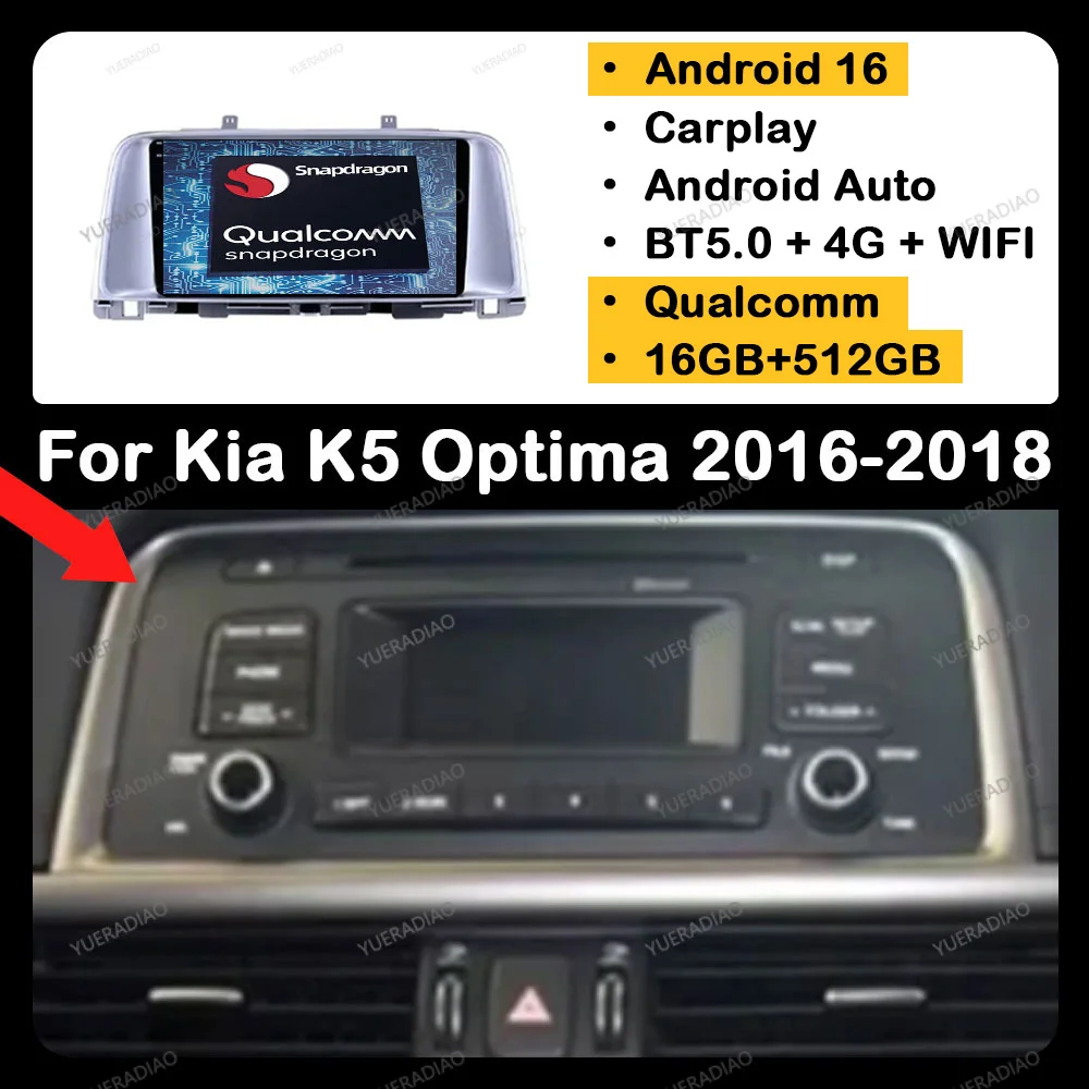Radio para Auto Android 16 para Kia K5 Kia Optima 2016 - 2018 Reproductor Multimedia de Video BT Qualcomm Unidad Principal 4G WIFI GPS NAVI QLED 2DIN