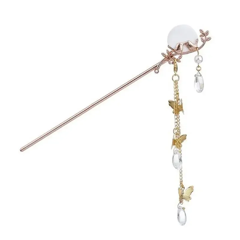 Hanfu Hair Fork Jewelry Ornaments Chinese Traditional  Classic Pearl Tassel Butterfly Stick Plate Hairpin White Accessories Gift