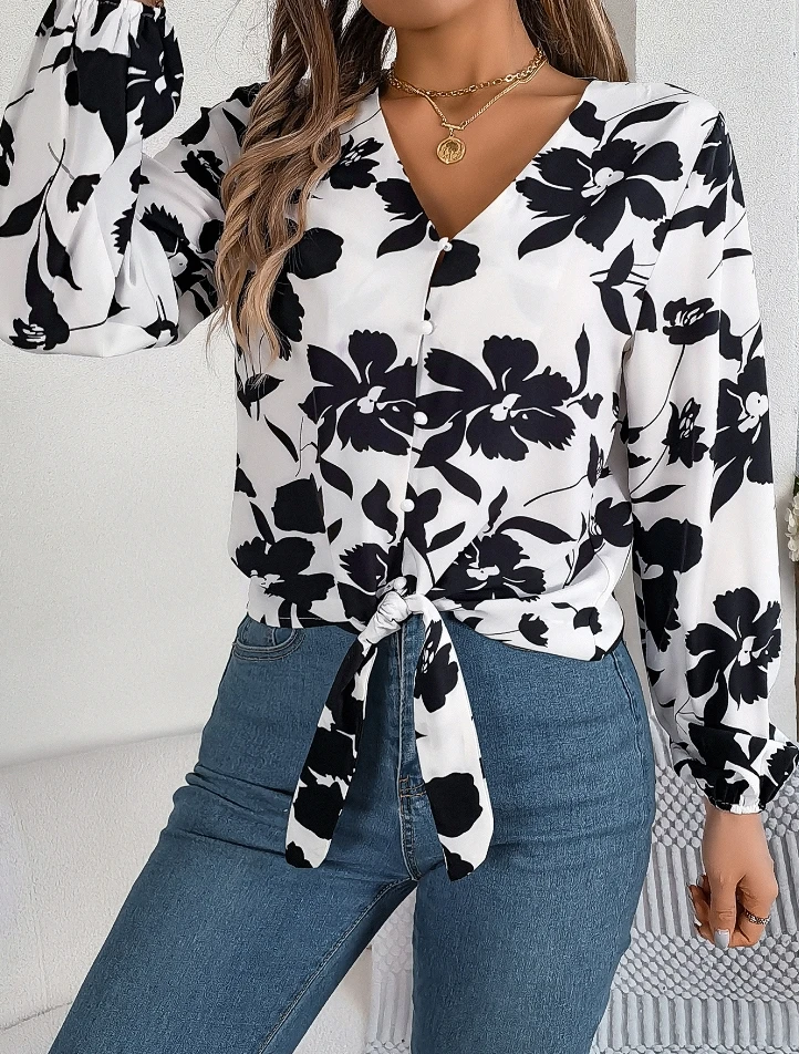 Camiseta feminina 2025 outono inverno mais recente casual contrastante flor lanterna manga rendas até camisa de chiffon manga longa blusas topo