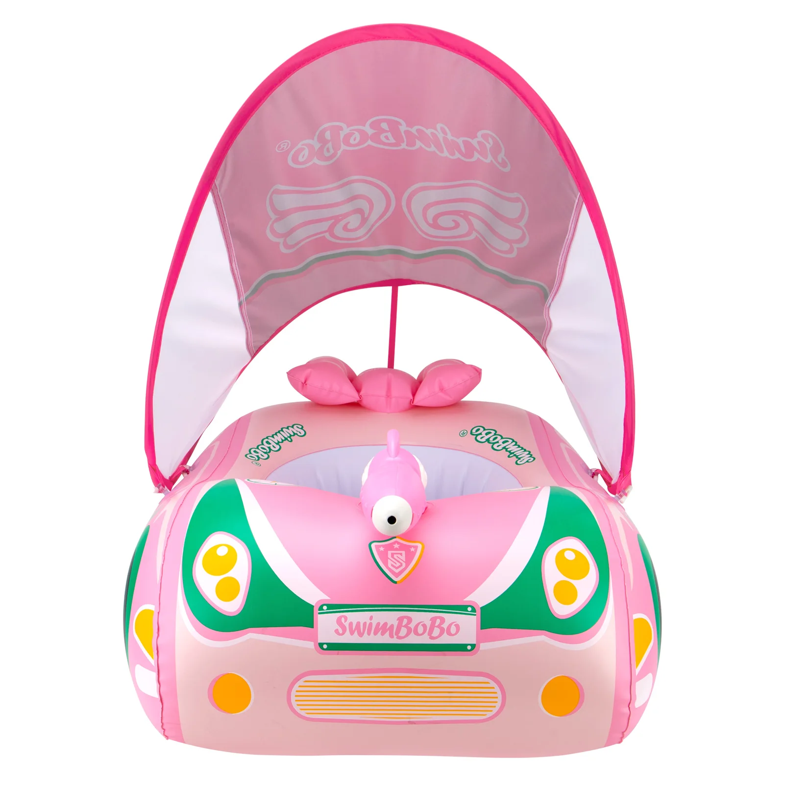 Swimbobo الوردي الاطفال نفخ الأطفال لطيف مقعد السباحة قارب العائمة مدفع المياه طفل لعبة الماء الطفل حلقة تعويم مع المظلة