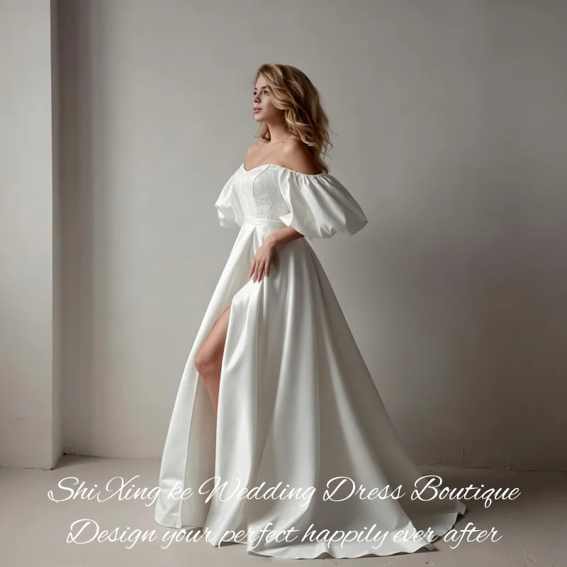 Shimmer Sequined Wedding Dress 2026 Off‑Shoulder Puff Sleeve High Split Vestidos De Novia Customized