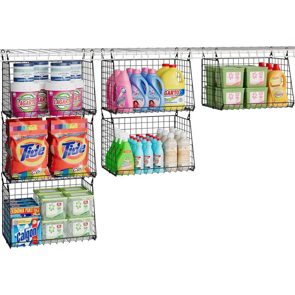 Paquete de 3 cestas para la colada colgantes, estantes de alambre metálico oldable con 360 °   Ganchos giratorios, ahorro de espacio sobre lavadora/secadora o armario St