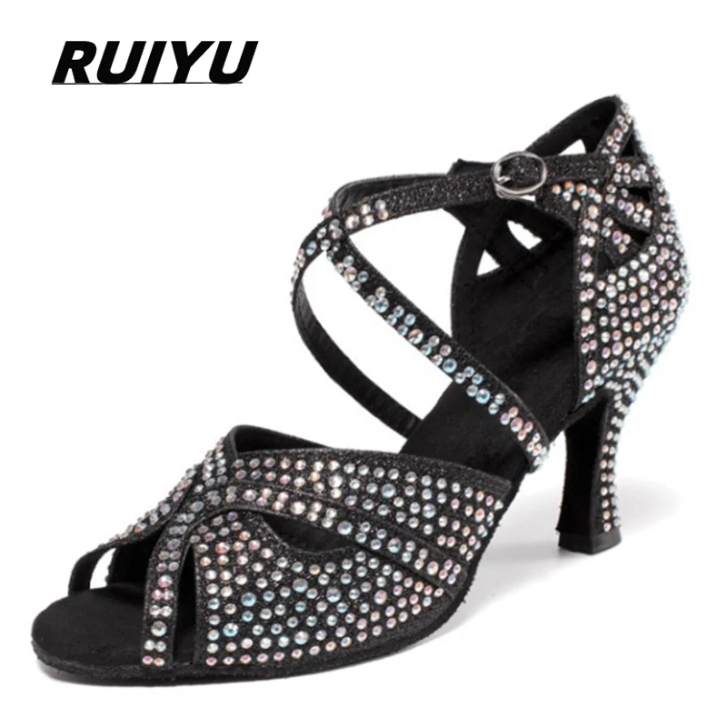Summer Latin Dance Shoes Ladies Salsa Tango Ballroom Party High Heel Sandals Black Silver Rhinestones Girls Dance Shoes