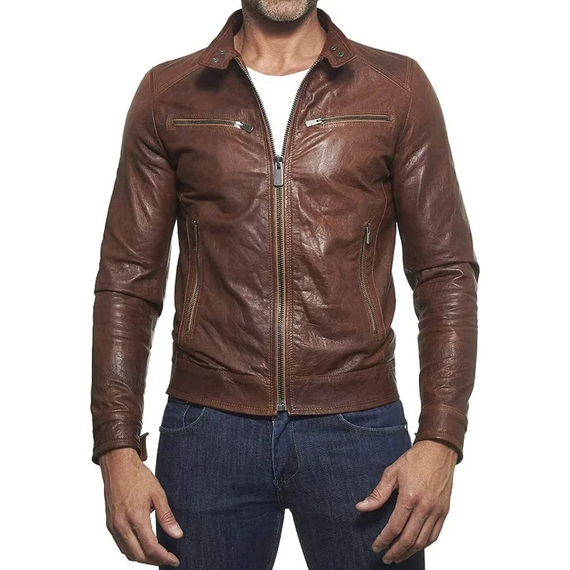 Casual Men's Real Genuine Lambskin Biker Leather Jacket Classic Slim Fit Zipper