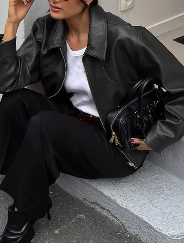 

Leisure Vacation Style Long Sleeved Jacket, Leather Jacket, Women's Clothing, Autumn/winter 2025