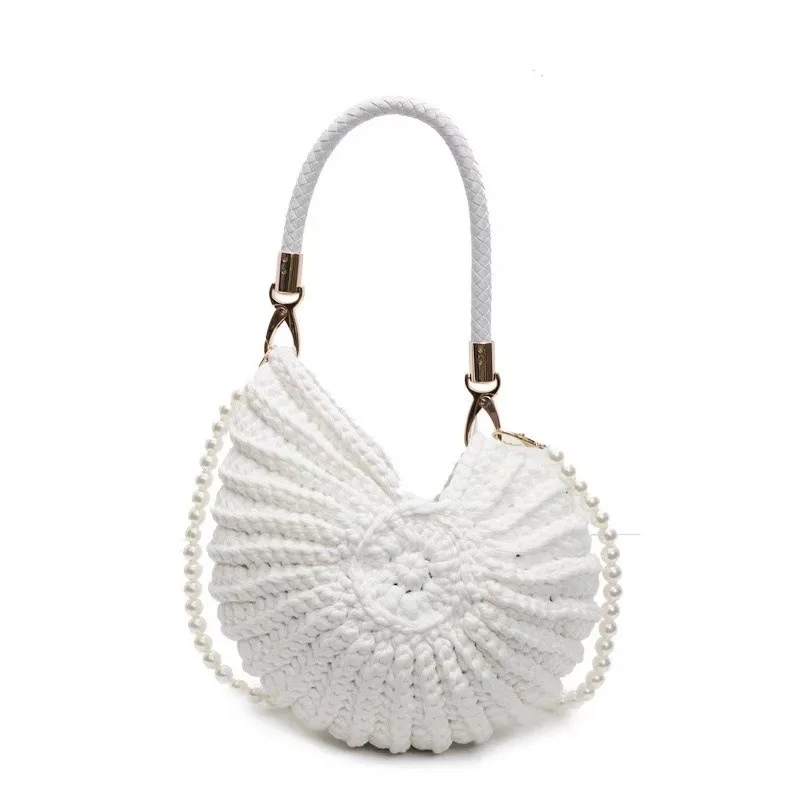 Bolsos de hombro creativos con forma de concha para mujer, divertidos y bonitos, con cadenas de perlas, bolso cruzado tejido a mano, bolsos pequeños novedosos