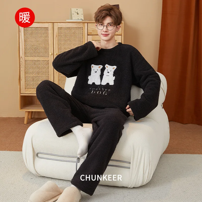 الشتاء نصف بيجامة من الصوف الرجال الكورية الشباب الكرتون ملابس خاصة الدافئة سميكة المتسكعون كلاب أليف طباعة أفخم Homesuit وتتسابق #2