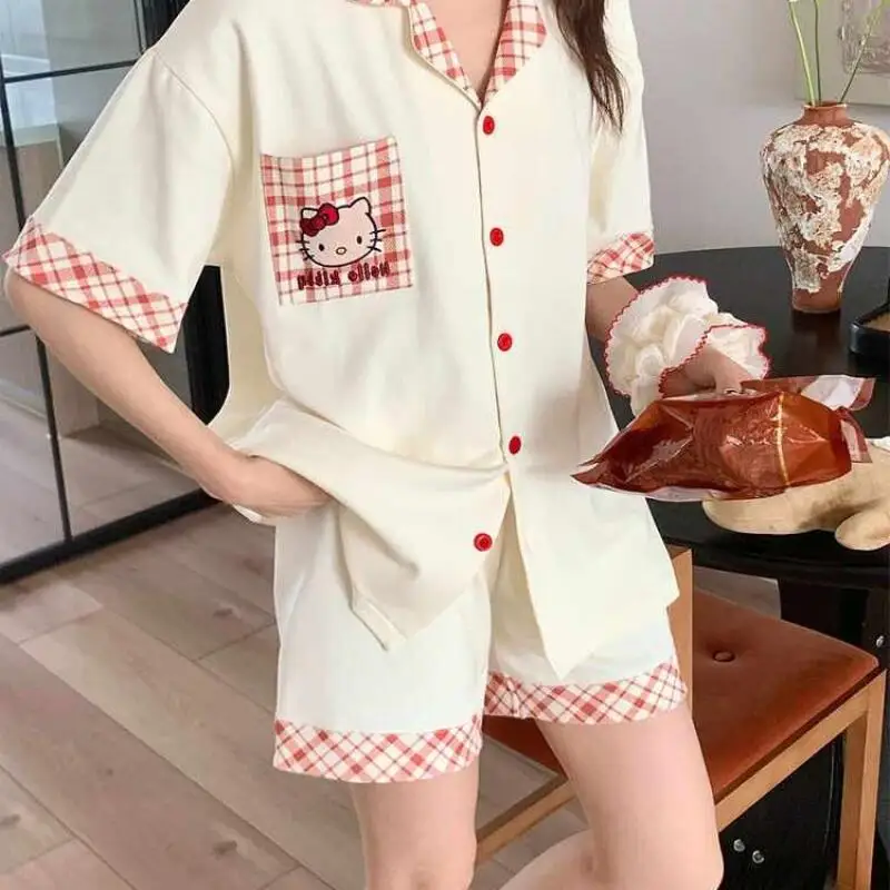 2Pcs Miniso Kawaii Pyjamas Sets Hallo Kitty Eis Seidige Set Mädchen Sommer Kurzarm Nette Spitze Hause Kleidung Außerhalb Tragen geschenk