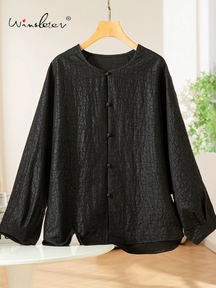 

Winsleter- Women 100%Real Silk Watered Gauze Elegant Coat, O Neck Craquelure, Retro Commute Loose Coat, 2025 Autumn New C5O627CC