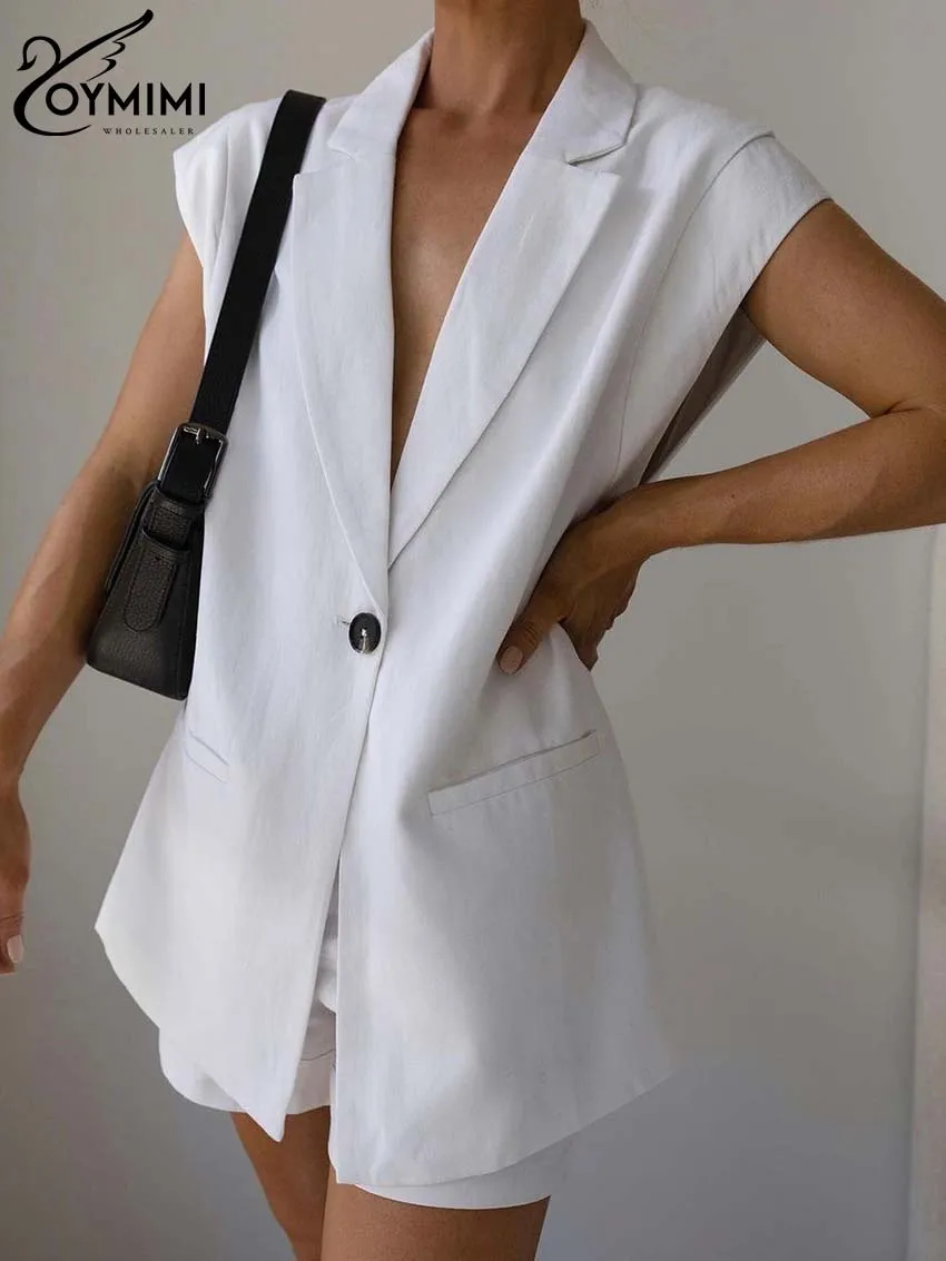 

Oymimi Elegant White Cotton Two Piece Set For Women Casual Lapel Sleeveless Single Button Shirts And High Waist Shorts Sets