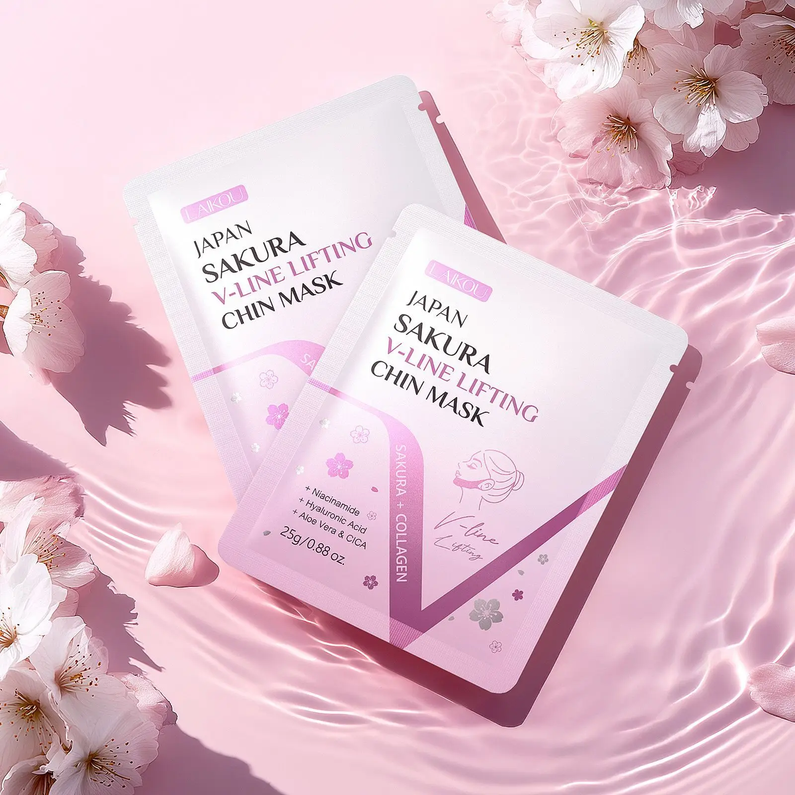 

Маска для лица LAIKOU Sakura V-образная, лифтинг-маска для подтяжки овала лица, антивозрастная укрепляющая маска-пленка для лица 25г с ушными петлями