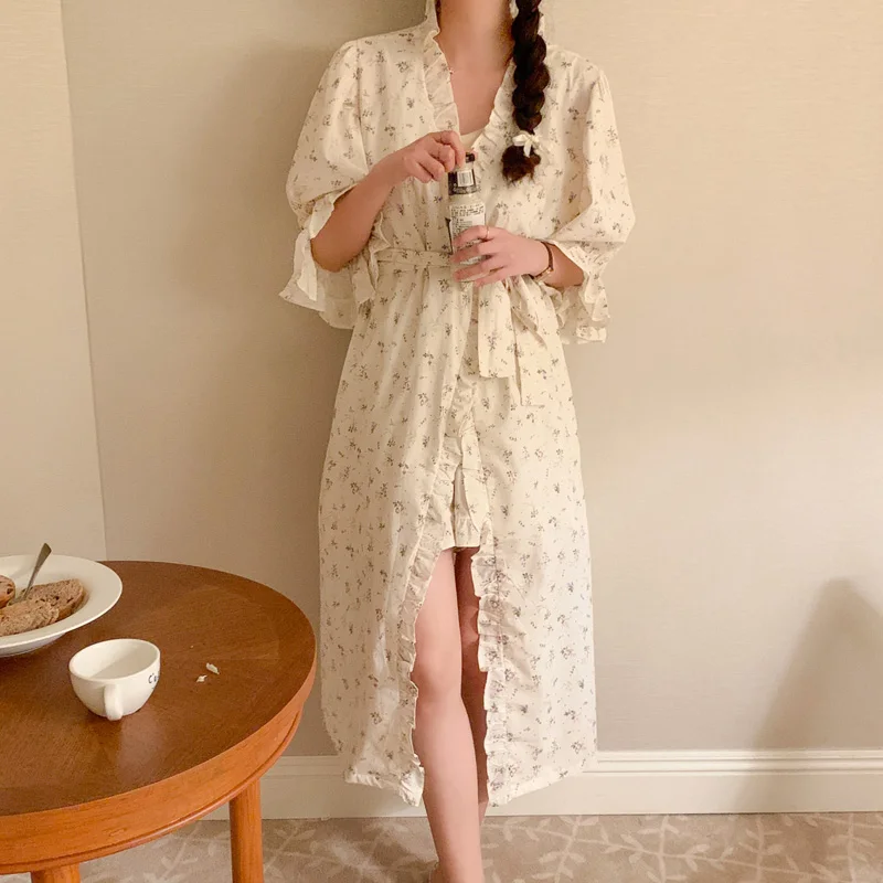 Home Korean Soft Floral Summer Short Sleeve Ruffles Nightgown+ Women Shorts Suit Kawaii Loose Fashionable Print Cute Sleepwear