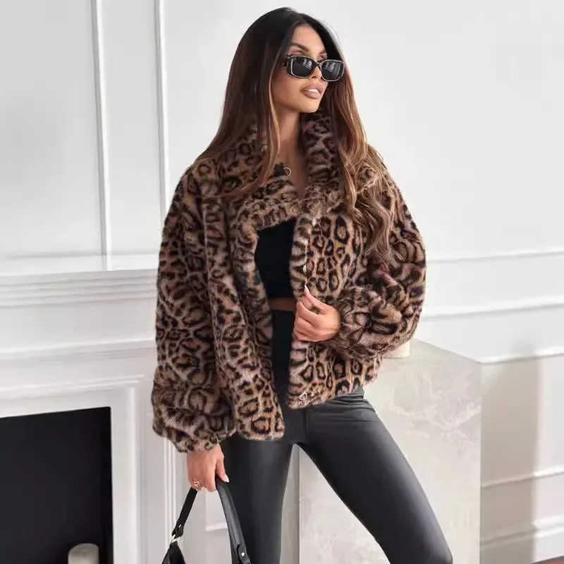 

Winter Leopard Print Jacket Women's Lapels Single Breasted Warm Parkas Outwear New Autumn Winter Female Loose Faux Fur Coats