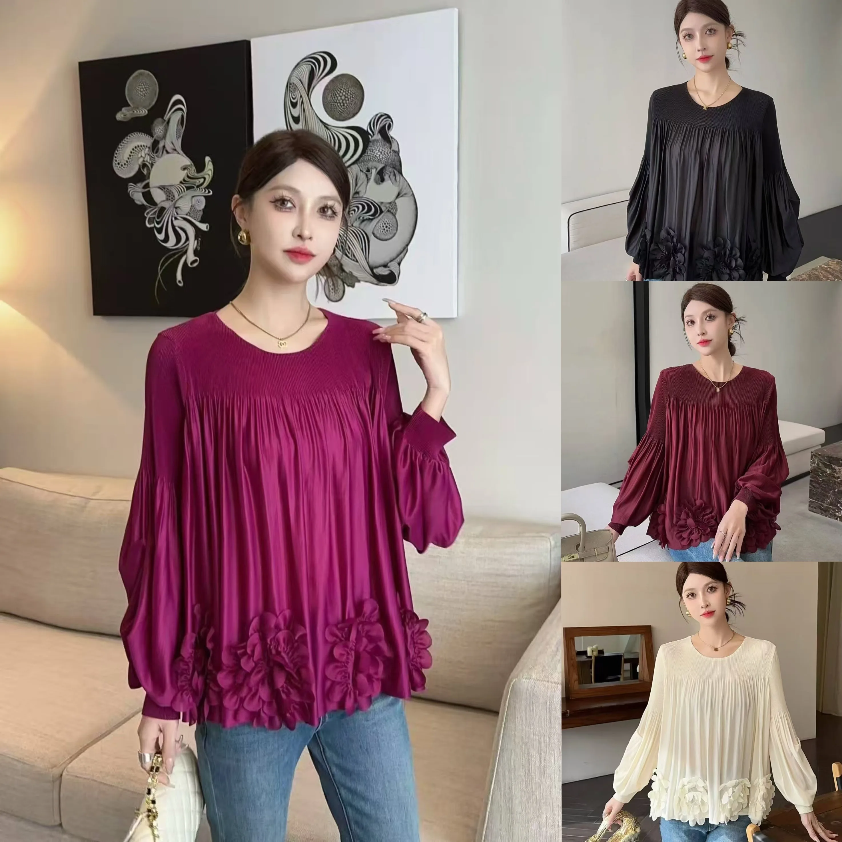 

Faionable Mommy Autumn New Sle Pleated T-irt Top plus Size Loose 3D Belly Covering Base irt Commute Sle Polyester F...
