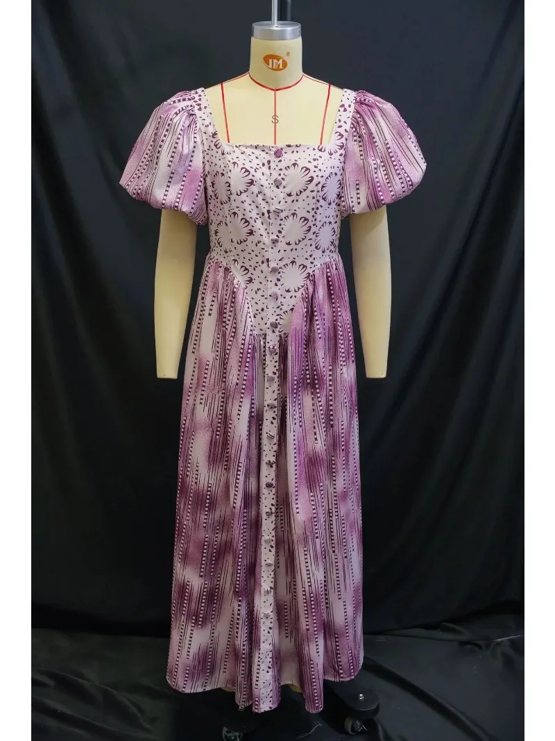 

Fashionable Summer New Print Slim Fit Long Dress with Bubble Sleeves Square Collar High Waist Cross-Border Women's Clothing