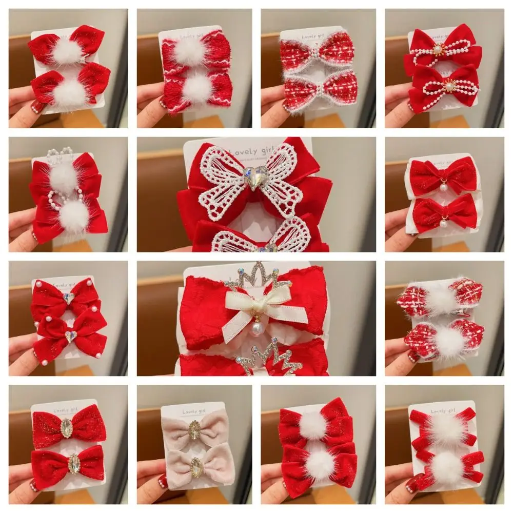 Chinese New Year Red Bow Hairpin Girl Children\'s Plush Red Bowknot Hair Clip Headwear Hanfu Headdress Hair Accessories