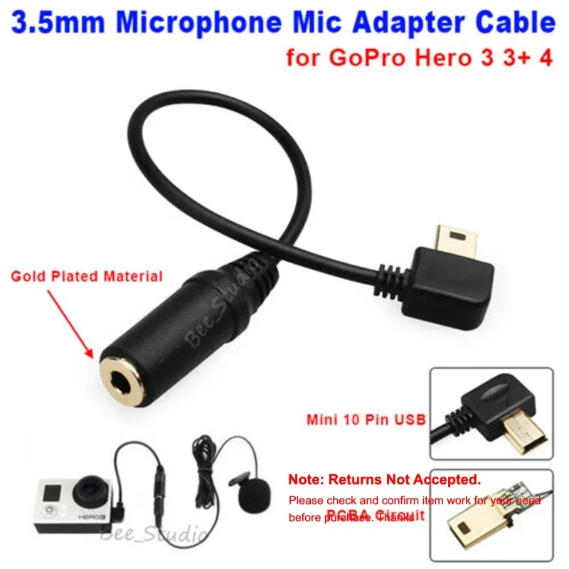 Mini 10 Pin USB 3.5mm Microphone Mic Adapter Cable for GoPro Hero 3 3+ 4 Camera