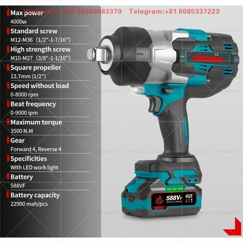ONEVAN 1000W Electric Impact Wrench Cordless Brushless 3/4  2200 N.m Torque Power Wrench with Battery Pack