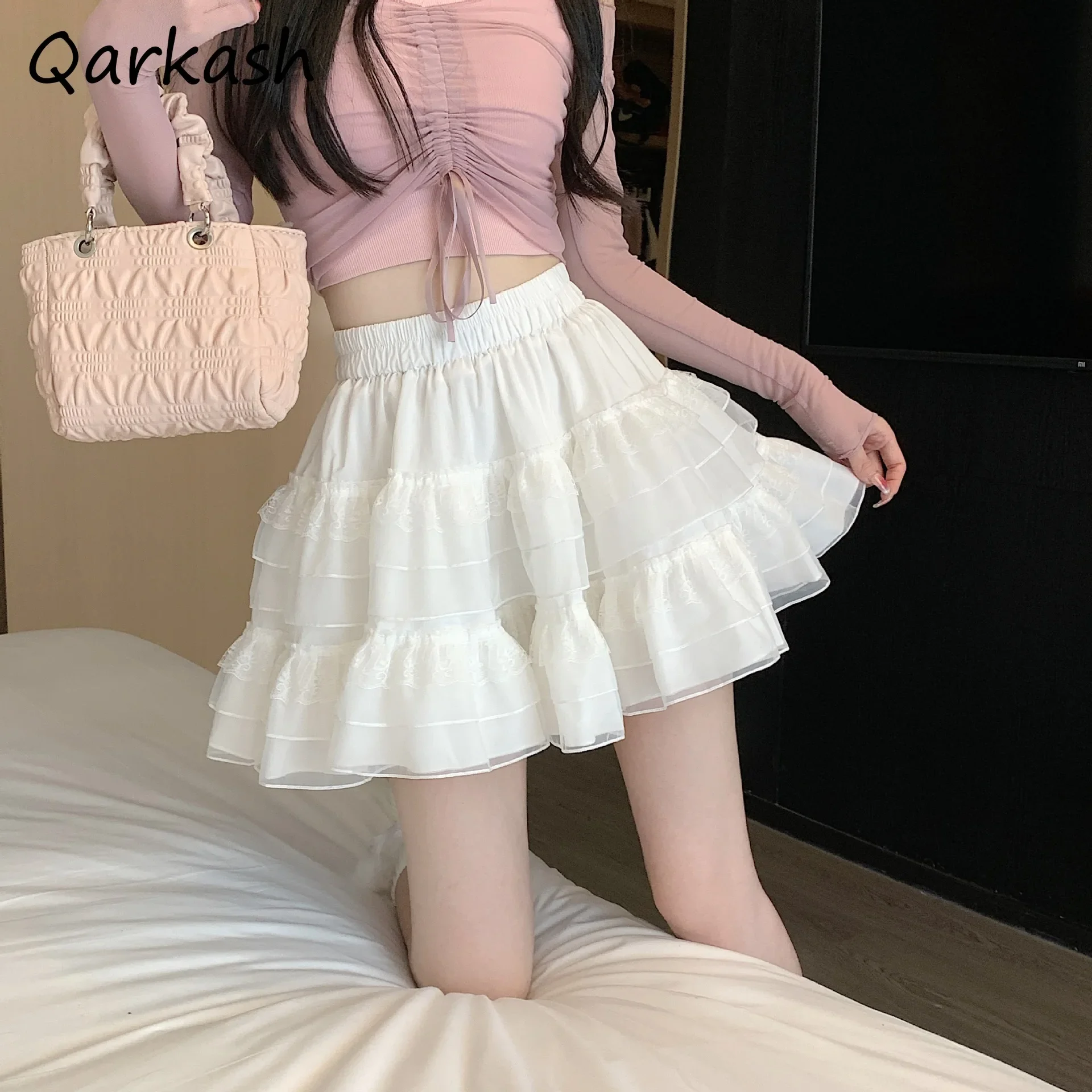 

Lace Cake Fairy Mini Skirt Solid Sexy Club Party Streetwear Hotsweet Kawaii Cute High Waist A-line Slim Soft All-match Summer