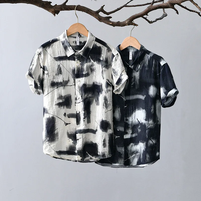 

Men's Japanese Style Graphic Print Short Sleeve Button Down Shirt, Fashion Casual Loose Fit Artistic Summer Beach Shirt