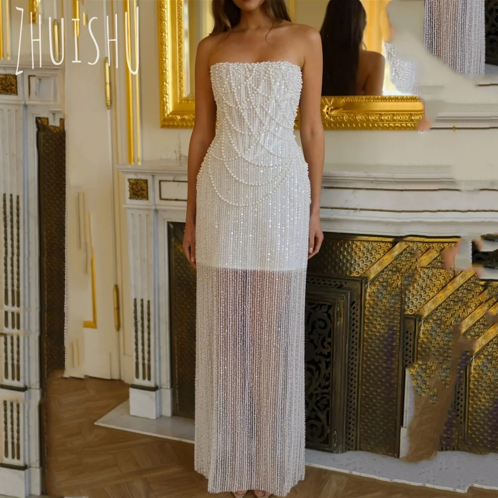 

ZHUISHU Customized 2025 Ivory Shiny Sequins Strapless Wedding Dress Column Beaded Lace-Up Formal Evening Dress Vestidos De Novia