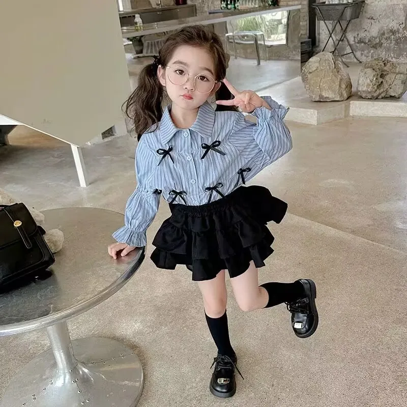 

Весенний комплект школьной формы для девочек, детский милый комплект, рубашка с длинными рукавами для девочек + юбка-тортик, детская одежда для детей 3-8 лет
