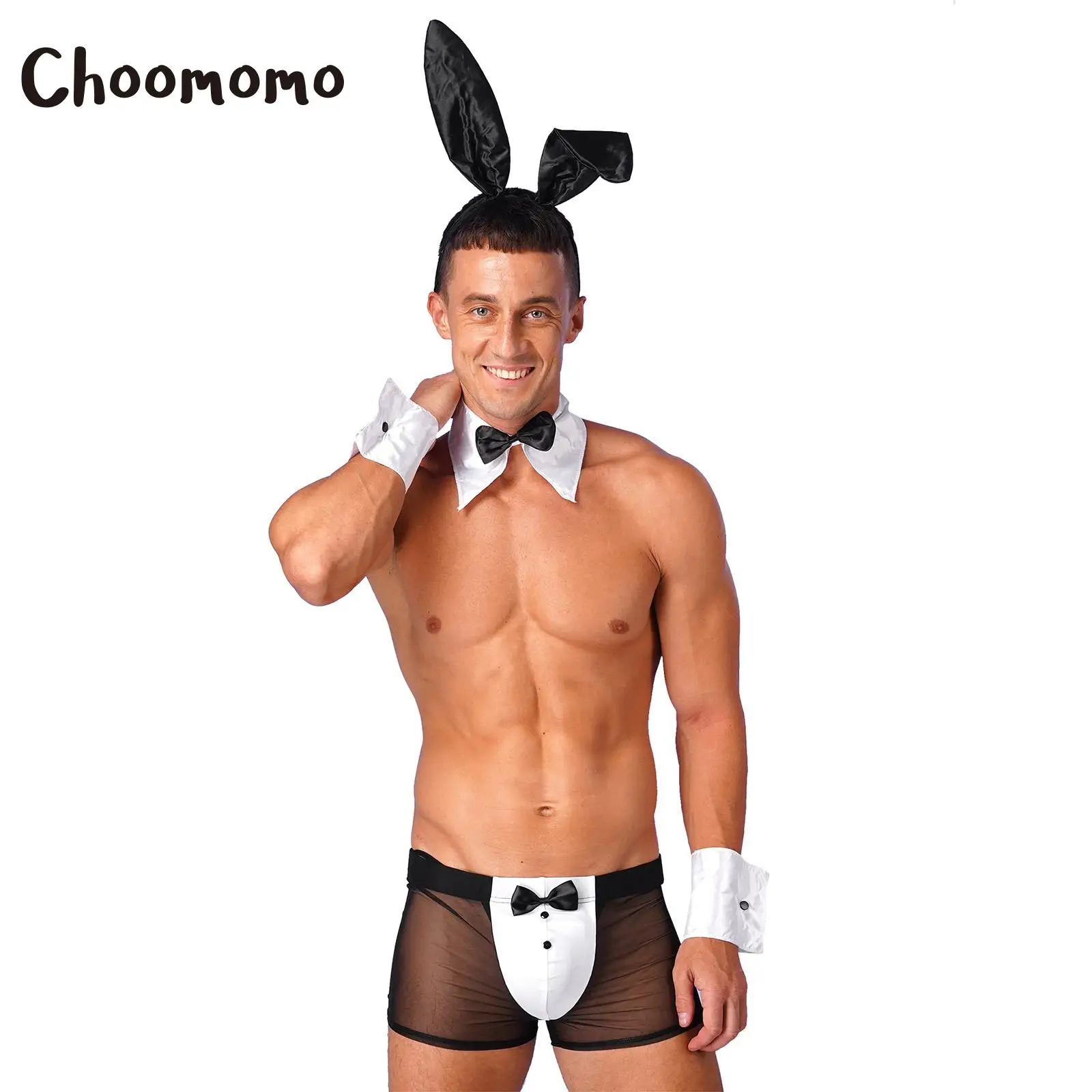 

Mens Waiter Cosplay Lingerie Set Bunny Cosplay Costume Tuxedo See Through Boxer Briefs with Bunny Ears Headband Collar Cuffs Set