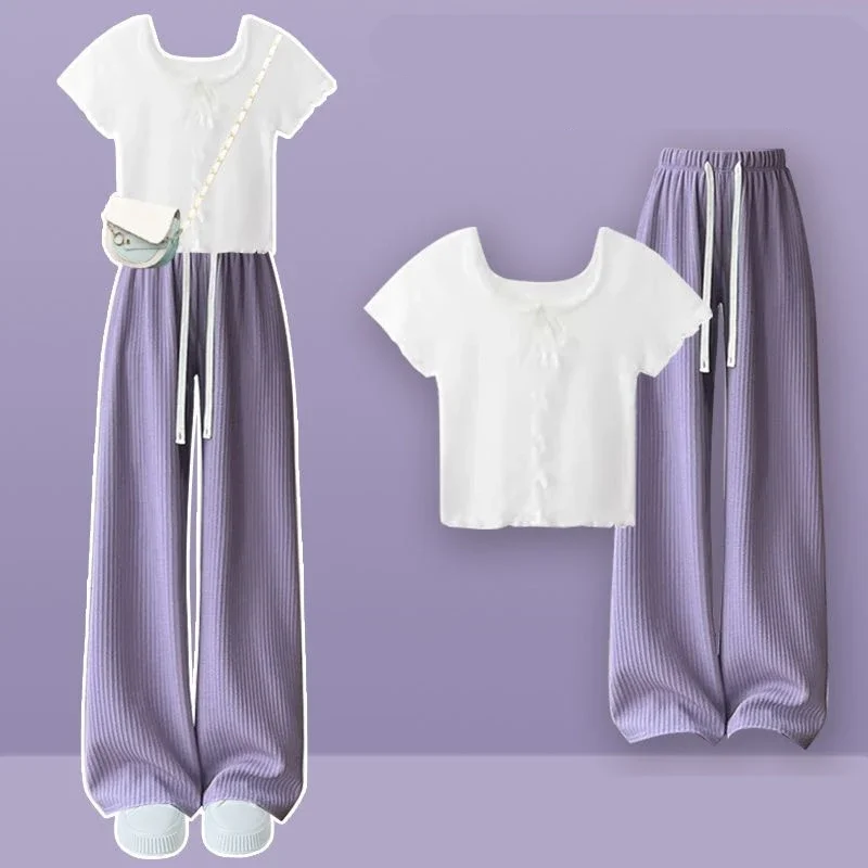 Women Summer Purple Slim Short Sleeve T Shirts Wide Leg Pants 1 or Two Piece Set Preppy Style Student Tops Trousers Outfits 2024