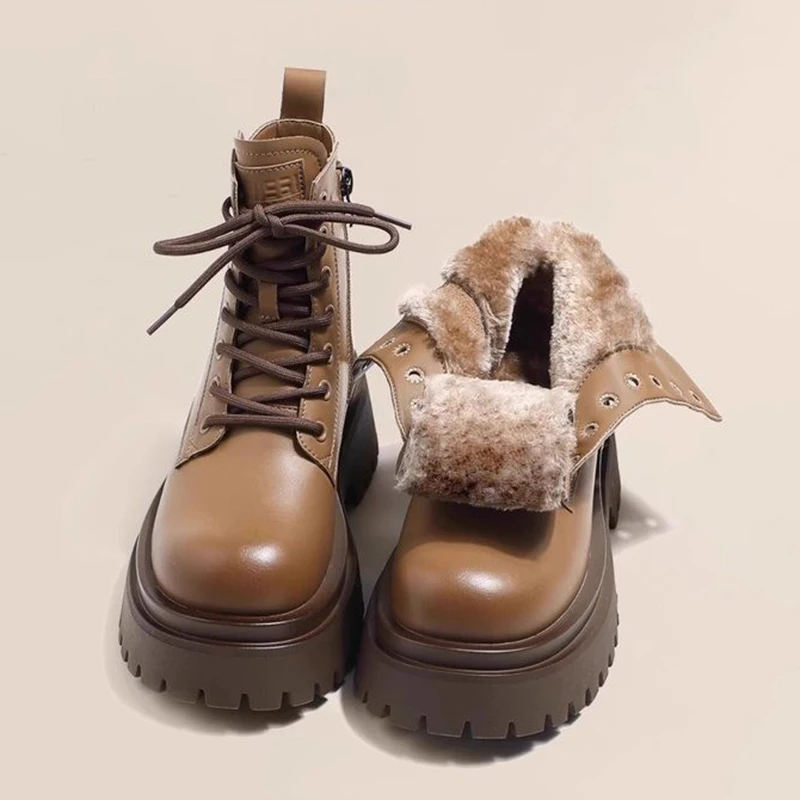 أحذية الثلوج للنساء شتاء دافئ أفخم الأحذية السيدات جولة تو كعب مكتنز انقسام الجلود الدافئة الفراء أحذية بوت قصيرة للفتيات