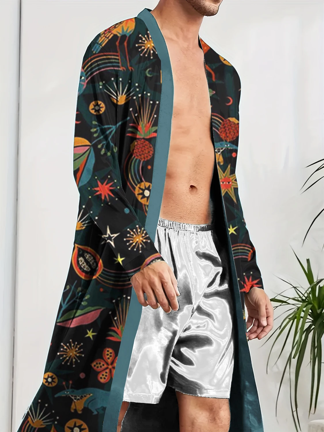 

Весенне-осенние мужские длинные халаты с цифровой печатью для быстросохнущих, удобных и повседневных мужских спальных халатов для домашнего использования.