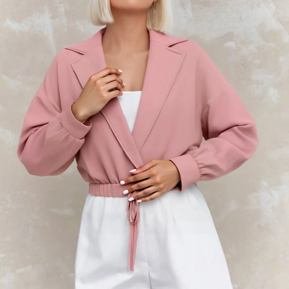 Mia Muse Lichtgewicht damesjassen Herfst Roze Effen Lange mouw Revers Elastische taille Strik Normale werkkleding Lichtgewicht