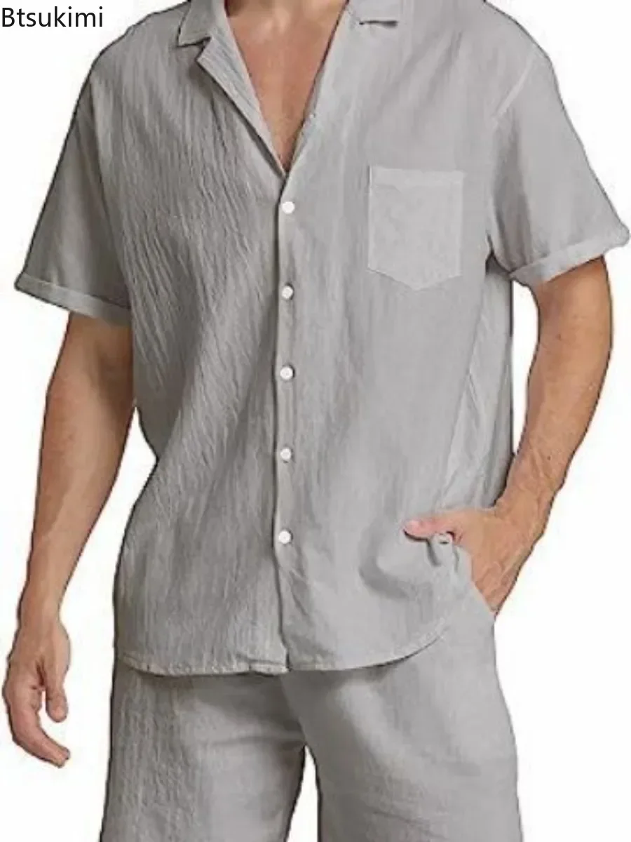 Men's Summer Cotton Linen Shirt Sets Outdoor Casual Sport Short Sleeve Shirt+Shorts 2 Piece Sets Men Comfy Breathable Beach Suit