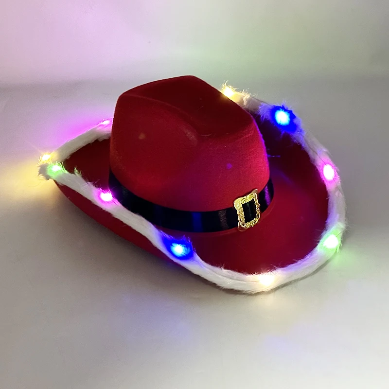 Kerst Rode Western Cowboyhoed Nieuwjaar Kerstdecoratie Kerstfeest Gunst Speelgoed Kerst Cowgirl Hoed Met LED Licht