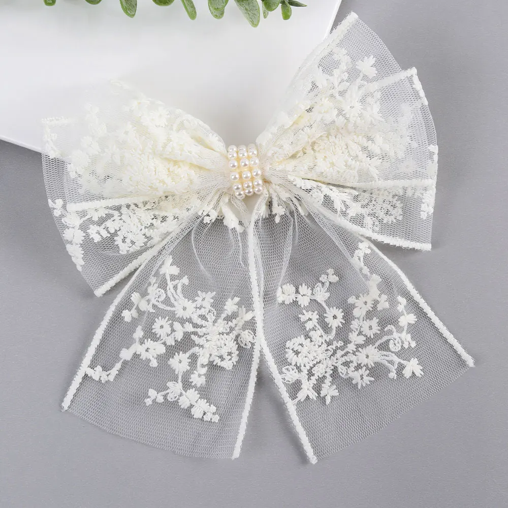 Korean White Lace Bow Hair Clip Embroidery Flower Hairpin Sweet Pearl Barrettes Headwear Lovely Girl Hair Accessories