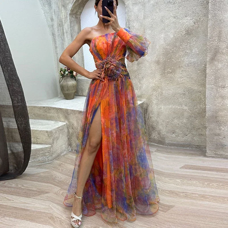 Sexy Contrasting Color Flower Print Party Dress Women Fashion One Shoulder Sleeve Long Dresses For Women Evening Robe