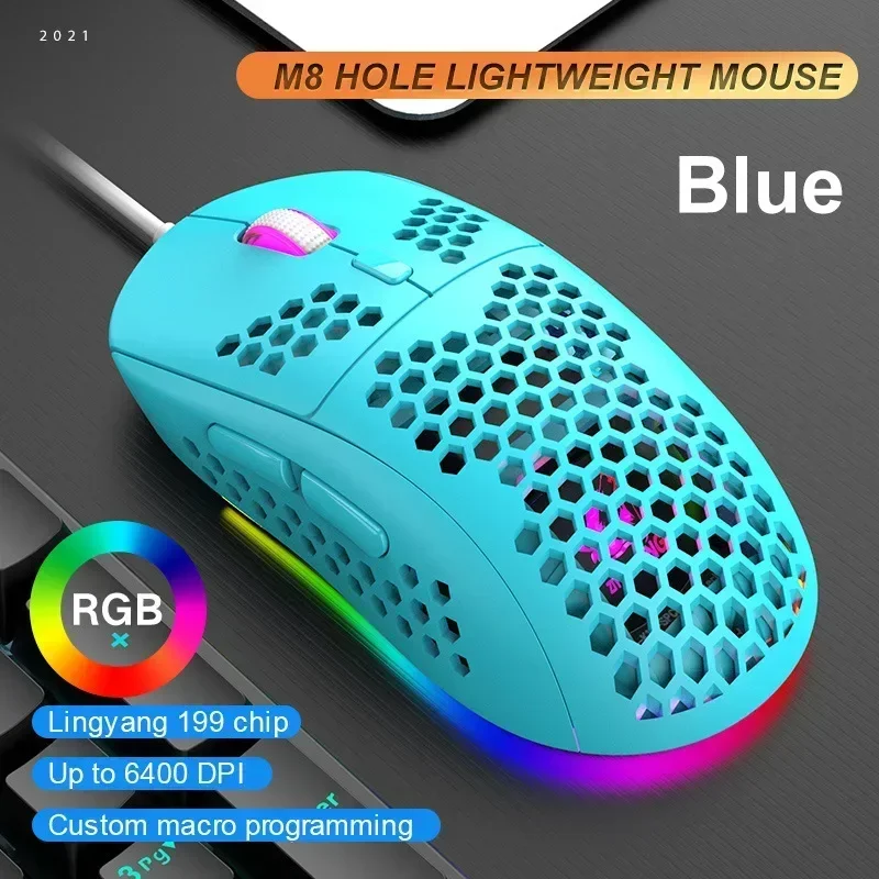 Freewolf M8 Wired Hollow Mouse 79g Lightweight 6400DPI Cool Appearance 8 Kinds of RGB Lighting FPS E-sports Gaming Mouse