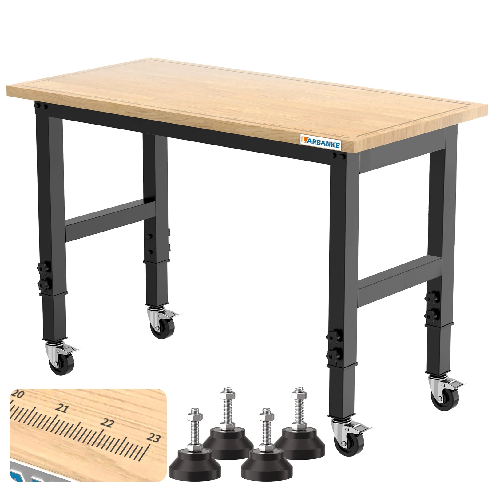 120 cm Heavy Duty Workbench for the Garage,Rubber Wood Workbench has Adjustable 5 Different Heights,Hardwood Work Table