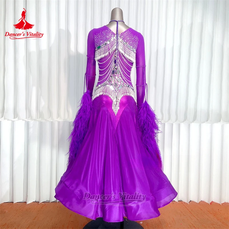 Femmes danse de salon plume d'autruche manches longues robes personnalisé adulte valse Foxtrot gracieux concours vêtements danseur vitalité