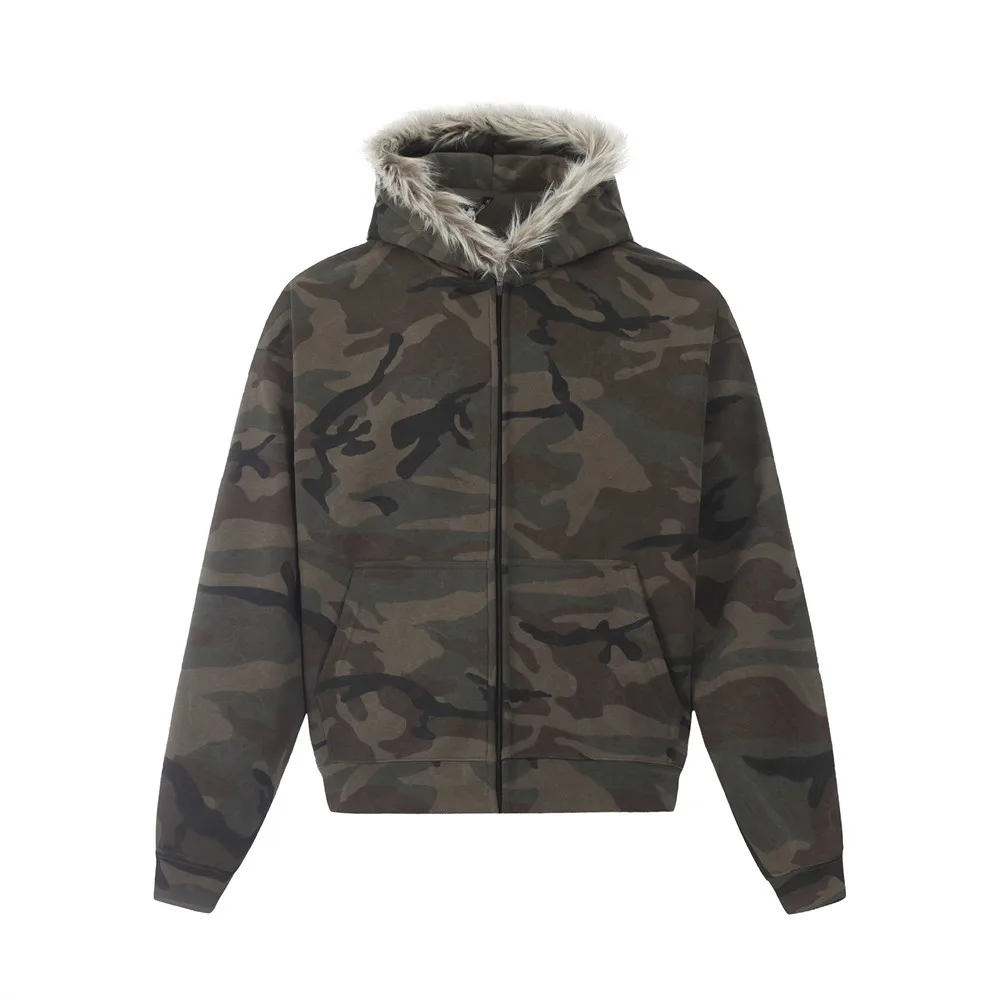 

Plush collar camouflage workwear hooded sweatshirt for men winter warm American street fashion loose hoodie jacket