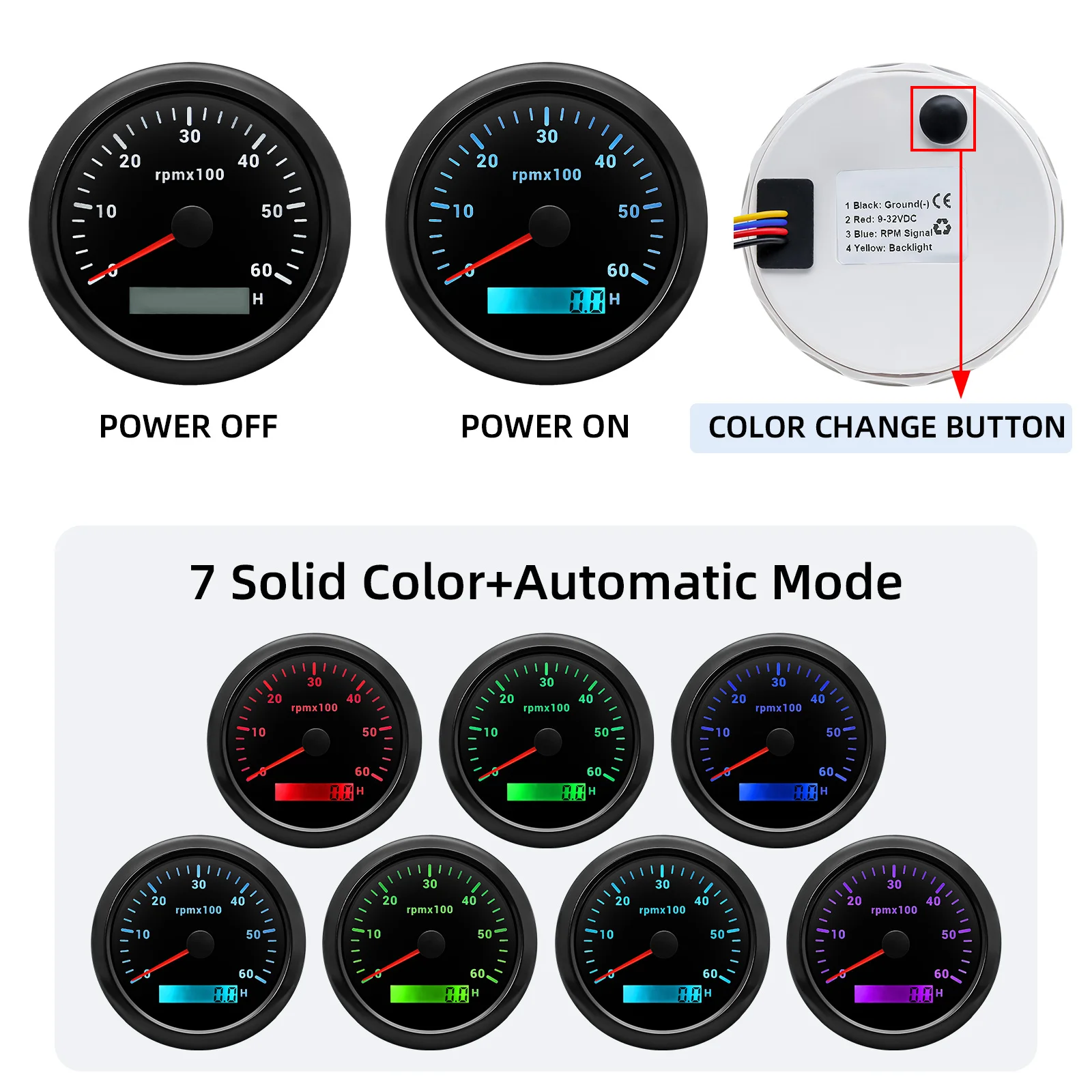 0-3000 4000 8000 RPM 85MM Tachometer 7Colors Backlight with LCD Hour Meter RPM Meter Tach Sensor for Marine Boat Car