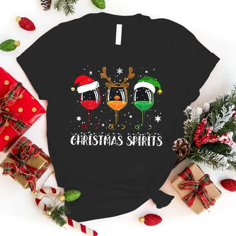 New Fashion Christmas Spirits Red Wine Glass Print Graphic T Shirt Unisex Fashion Casual Short Sleeve Shirt Tee(Premium T-shirt)