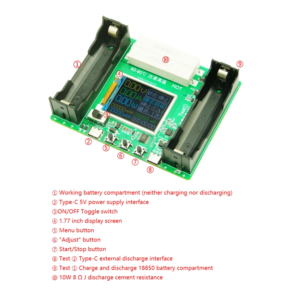 18650 Lithium Battery Capacity Tester MAh MWh Capacity Division Internal Resistance Measuring Module Type-C 18650 Battery Tester