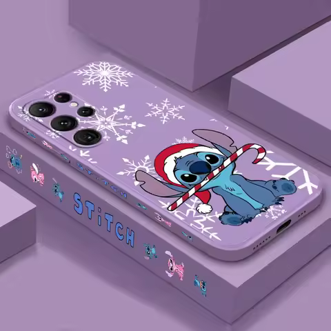 Cartoon Cute Stitch Christmas Phone Case For Samsung Galaxy S25 S24 S23 S22 S21 S20 Ultra Plus FE 5G Liquid Left Rope Cover