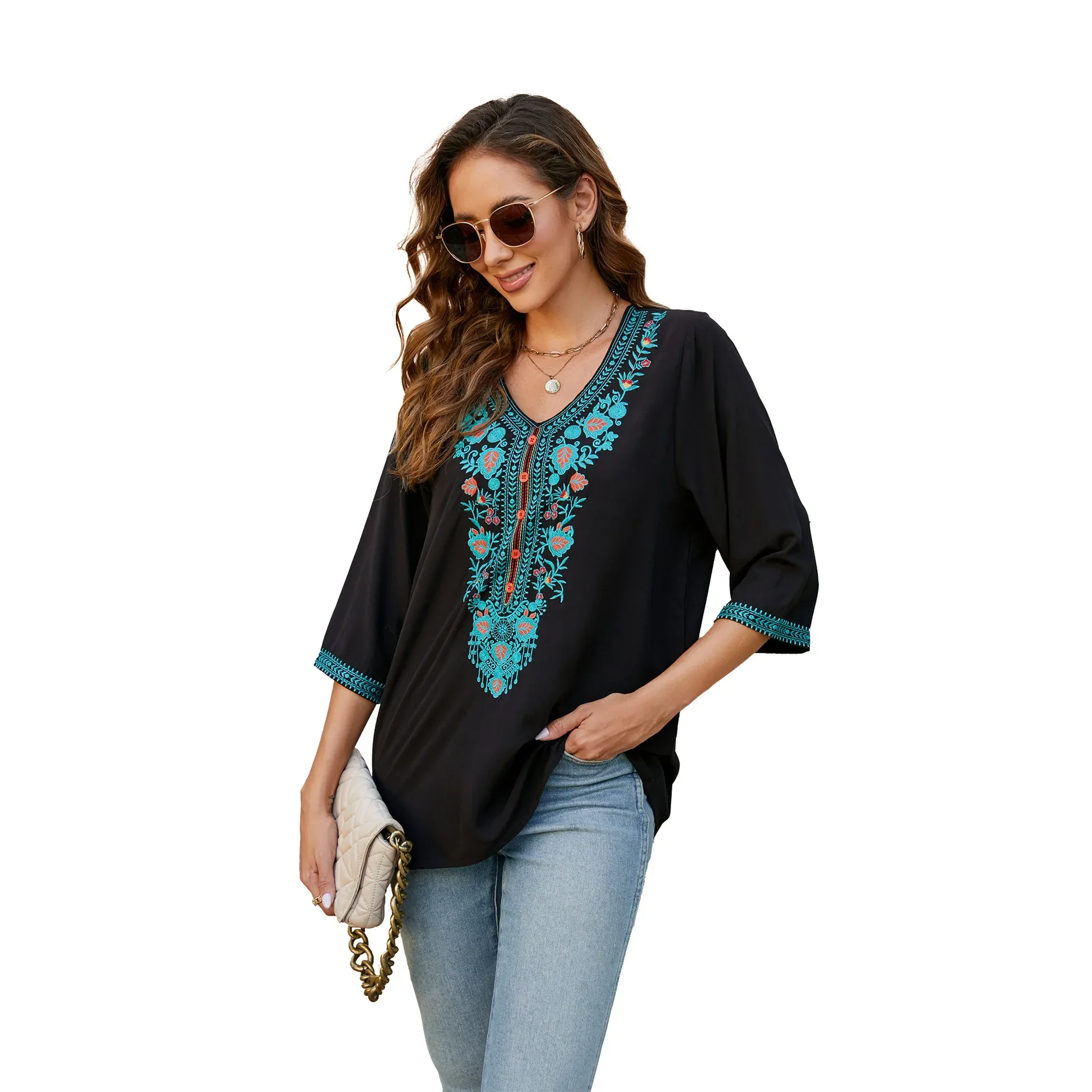 Summer Women's Embroidered Top Mexican Style Shirt 3/4 Sleeve Traditional Bohemian Clothing Womens Tops  Shirt  Blouse Women
